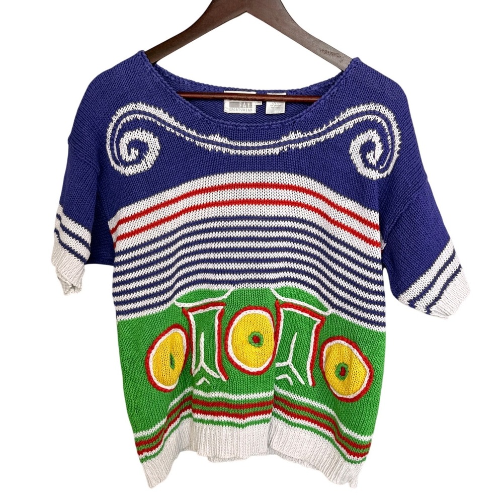 Leslie Fay Vintage 90s Knit Sweater Top Short Sleeve Colorblock Embroidered L